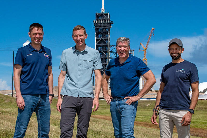 The Crew-6 fliers during pre-flight training (left to right): Cosmonaut Andrey Fedyaev, Crew Dragon pilot Woody Hoburg, commander Stephen Bowen and United Arab Emirates astronaut Sultan Alneyadi, the first Arab to be assigned to a long-duration station crew. / Credit: SpaceX