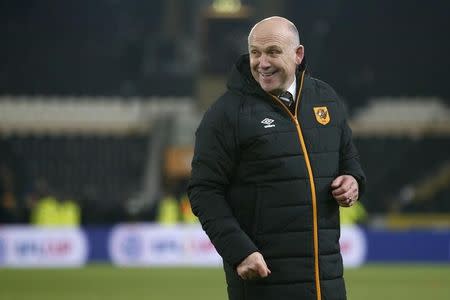 Hull City manager Mike Phelan celebrates after the game. Hull City v Newcastle United - EFL Cup Quarter Final - The Kingston Communications Stadium - 29/11/16. Reuters / Andrew Yates Livepic