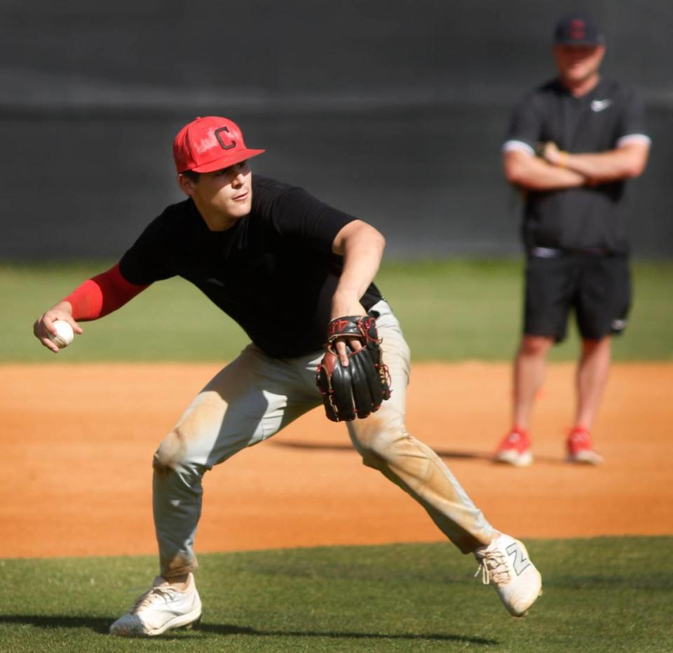 Central High School baseball player Hunter Wippert throws to first base after fielding a ground ball during practice Monday afternoon. 04/15/2024