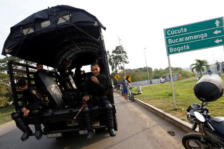 A truck with police officers arrives at the Tienditas cross-border bridge, in Cucuta, Colombia February 7, 2019. REUTERS/Luisa Gonzalez