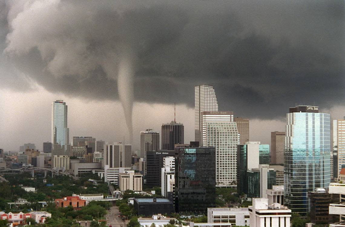 In 1997, A tornado touched down in several places in Miami and Miami Beach today. This photo was shot from 27th floOr of the Santa Maria Condo on Brickell Avenue.