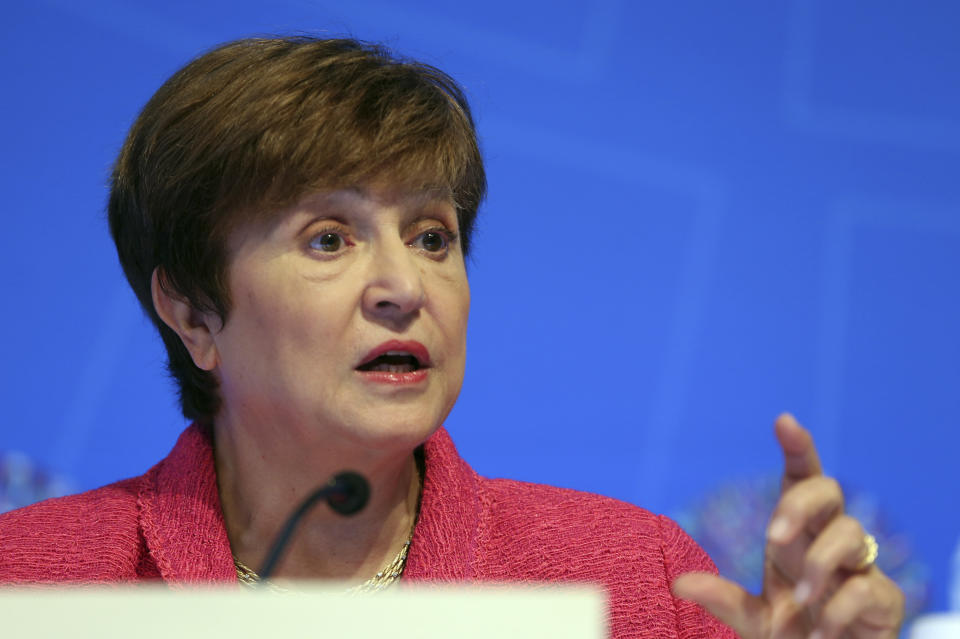 International Monetary Fund (IMF) Managing Director Kristalina Georgieva speaks during a news conference during the World Bank/IMF Annual Meetings in Washington, Thursday, Oct. 17, 2019. (AP Photo/Jose Luis Magana)