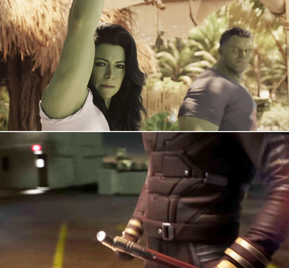 Two stills from the show, one of Mark Ruffalo making a cameo as Hulk, and the other shows Daredevil's iconic costume, though the person wearing it is not clear