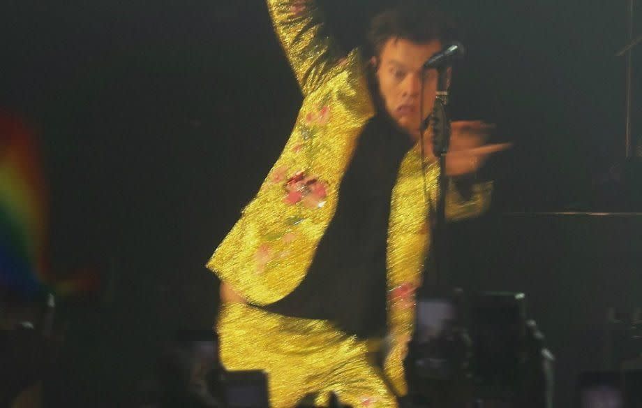 Harry slipped on Kiwi pulp during his London show. Copyright: [Twitter]