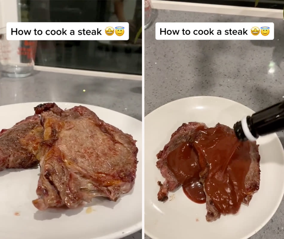 A woman shows how to cook and eat a steak on TikTok