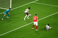 <p>Egypt’s Ahmed Fathy scores an own goal to open the scoring for Russia REUTERS/Michael Dalder </p>