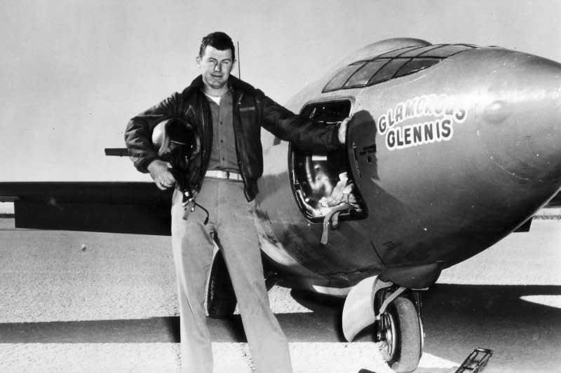Capt. Charles E. Yeager stands next to the Air Force's Bell-built X-1 supersonic research aircraft. Yeager became the first man to fly faster than the speed of sound in level flight on October 14, 1947. File Photo by USAF/UPI