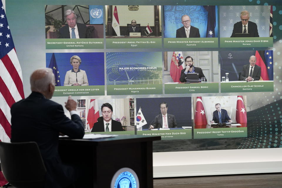 President Joe Biden speaks during the Major Economies Forum on Energy and Climate in the South Court Auditorium on the White House campus, Friday, June 17, 2022, in Washington. (AP Photo/Evan Vucci)