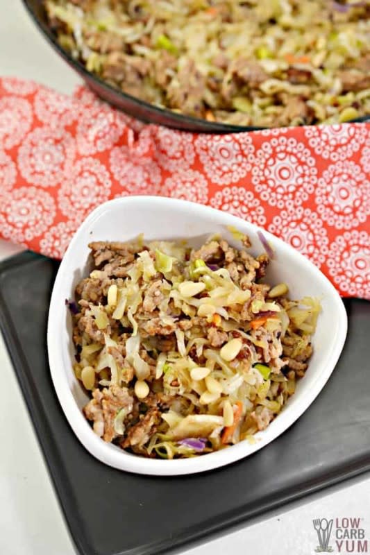 <p>Low Carb Yum</p><p>You’ll love this nutty egg roll that’s served in a bowl without a wrapper. It’s low-carb, gluten-free, paleo-friendly and chock full of flavor!</p><p><strong>Get the recipe:</strong><a href="https://lowcarbyum.com/egg-roll-in-a-bowl-paleo/" rel="nofollow noopener" target="_blank" data-ylk="slk:Sausage Egg Roll in a Bowl;elm:context_link;itc:0;sec:content-canvas" class="link rapid-noclick-resp"> <strong>Sausage Egg Roll in a Bowl</strong></a></p>