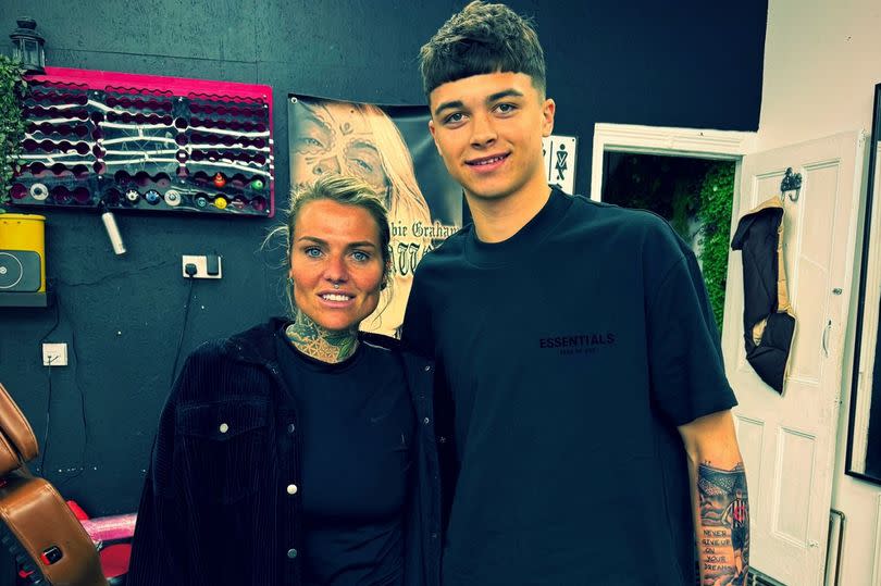 Newcastle United's Lewis Miley with tattoo artist Abbie Graham