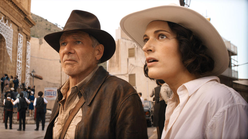 Indiana Jones and Helena Shaw stare at something off-camera in Indiana Jones 5
