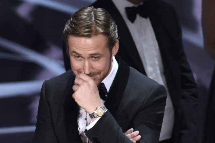 Awkward… Gosling’s face sums up Oscars 2017 – Credit: AP