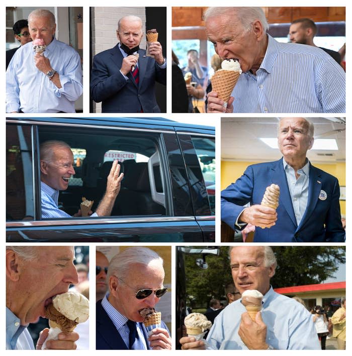 multiple images of Biden eating ice cream