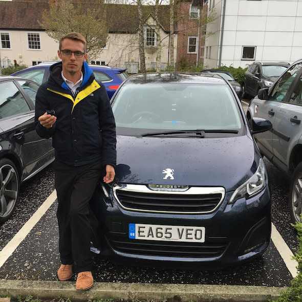 Sean Hopkins, 32 with his car that he left with staff at Stansted Airport.See Masons copy MNSACKED: A Stansted Airport meet-and-greet driver has been sacked for "ragging around" in a holidaymaker's car. Sean Hopkins, 32, got a warning from his insurance company after the box which measures how his Peugeot 108 is driven, clocked a very low score. He was shocked to receive the news after landing back from a holiday in Malaga, and only received an apology after a lengthy exchange of emails. 