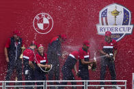 Team USA celebrates at the closing ceremony after winning the Ryder Cup at the Whistling Straits Golf Course Sunday, Sept. 26, 2021, in Sheboygan, Wis. (AP Photo/Jeff Roberson)