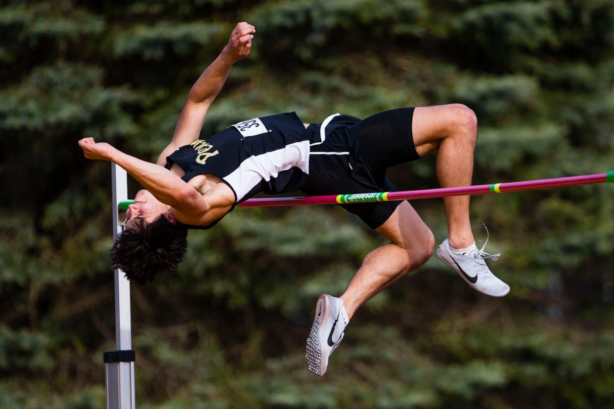 Penn’s Vincent Nierzwicki-Trifiletti competes in the high jump during the sectional track meet May 20, 2021 at Penn High School. Niewrzwicki-Trifiletti will help the Kingsmen defend their Class A Goshen Relays title on Saturday.