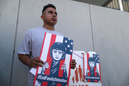 Asylum seeker and former immigrant detainee Mateo Lemus Campos attends a protest against conditions in Adelanto Immigration Detention Center, outside ICE headquarters in Los Angeles, California, U.S. July 24, 2018. REUTERS/Lucy Nicholson