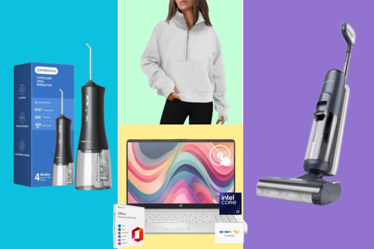 A dental flosser, sweatshirt, HP laptop and vacuum.