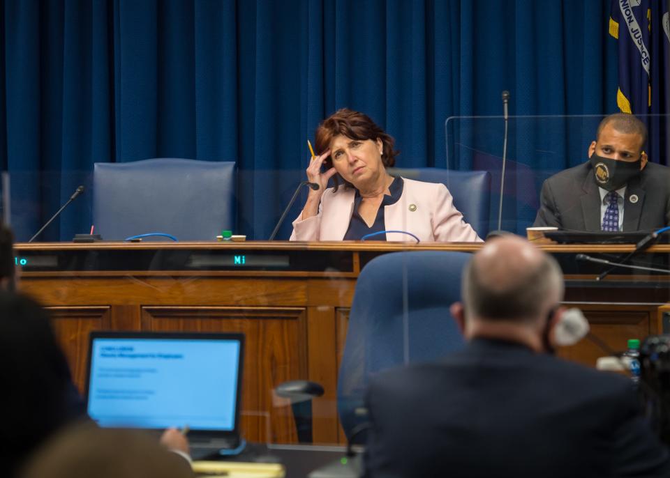 President Pro Tempore Beth Mizell reacts to comments during the Senate Select Committee on Women and Children at the Louisiana State Capitol in Baton Rouge, Louisiana.
