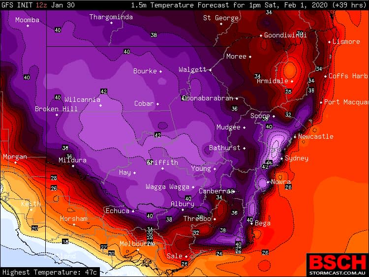 A map of NSW showing temperatures as at 1pm on Saturday. The purple areas are all forecast to be above 40, with the lightest purple representing the hottest areas. Source: stormcast.com.au