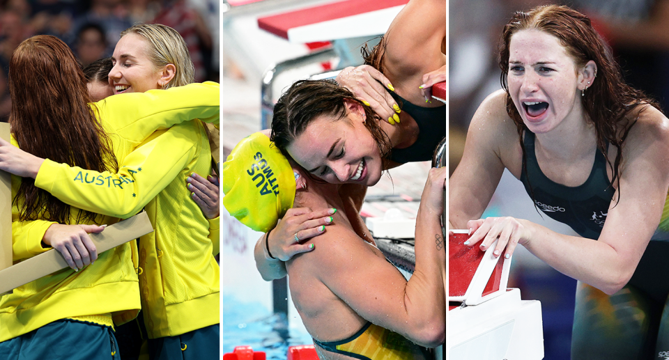 Ariarne Titmus says Mollie O'Callaghan gave her a foul-mouthed rev-up before the Aussie team scored gold in the women's 4x200m freestyle relay at the Paris Olympics. Pic: Getty