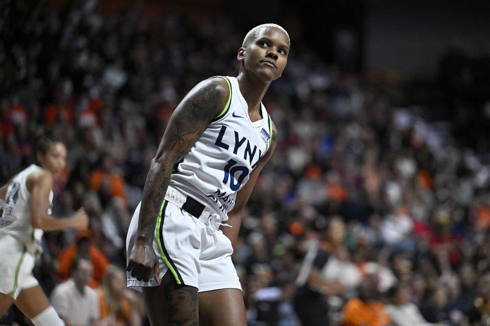 Minnesota Lynx guard Courtney Williams (10) during the first half of a WNBA basketball semifinal, Friday, Oct. 4, 2024, in Uncasville, Conn. (AP Photo/Jessica Hill)