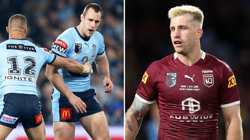 Pictured right is Maroons star Cameron Munster, with a groggy looking Isaah Yeo on the left.