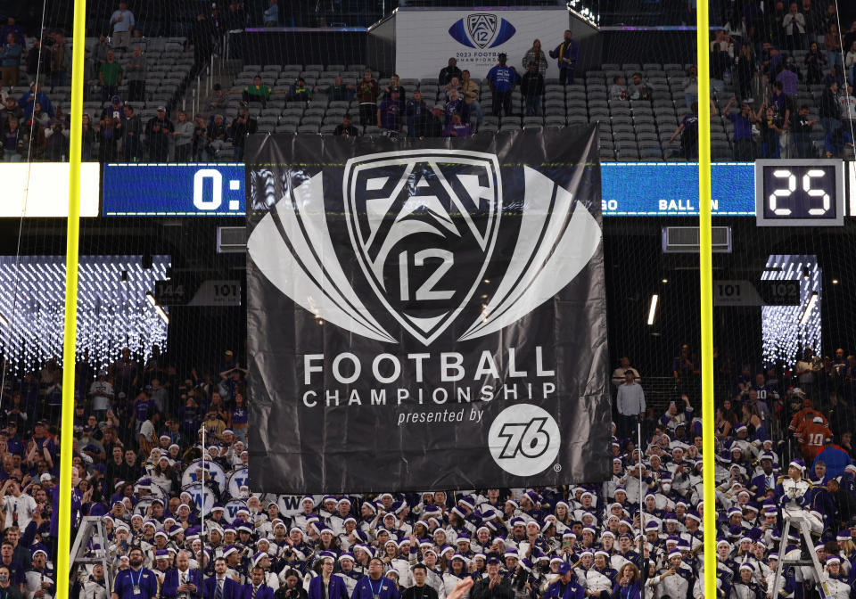 LAS VEGAS, NV - DECEMBER 01: A general view of the PAC-12 and 76 logos during the PAC-12 Championship Game between the Oregon Ducks and the Washington Huskies Friday, Dec. 1, 2023, at Allegiant Stadium in Las Vegas, Nevada. (Photo by Marc Sanchez/Icon Sportswire via Getty Images)