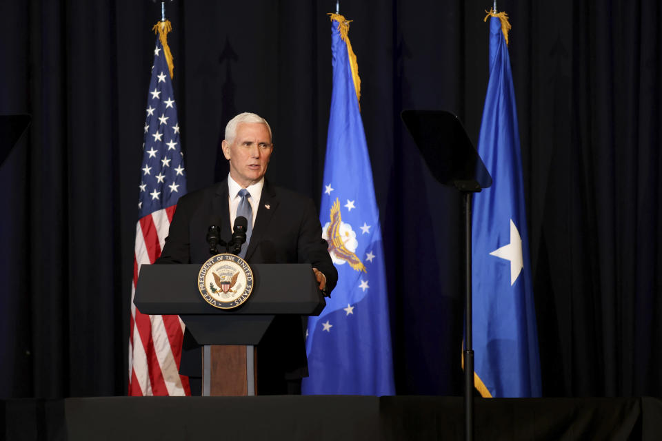 Vice President Mike Pence speaks during a memorial service for the late Air Force Brig. Gen. Chuck Yeager in Charleston, W.Va., on Friday, Jan. 15, 2021. Yeager died last month at age 97. The West Virginia native in 1947 became the first person to fly faster than sound. (AP Photo/Chris Jackson)