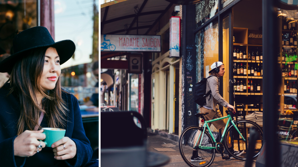 Composite image of a middle-class woman drinking coffee at a Fitzroy cafe, and a hipster man wheeling his bike into a bottle shop.