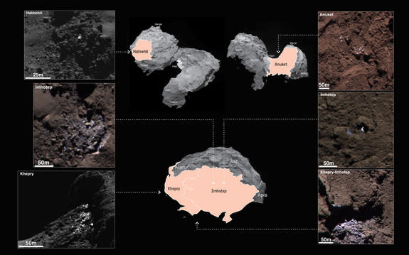 Images of six different patches on the surface of Comet 67P/Churyumov-Gerasimenko that show shimmering patches of what scientists think could be water ice. The middle inset shows the general region where each image was taken.