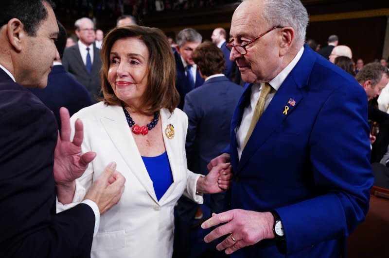 Senate Majority Leader Chuck Schumer (R) chats with Rep. Nancy Pelosi, D-CA, before President Joe Biden delivers the State of the Union speech to a joint session of Congress at the U.S. Capitol in Washington DC on Thursday, March 7, 2024. Pool Photo by Shawn Thew/UPI