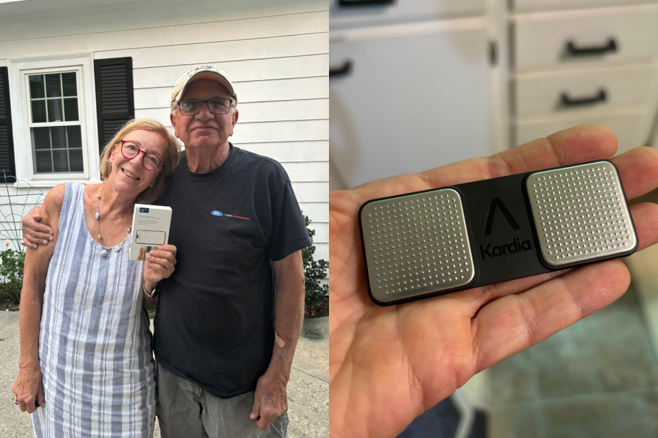 split screen of older couple holding box with ECG and hand holding portable ecg device, AliveCor KardiaMobile ECG Monitor | Wireless Personal ECG Device | Detect AFib from Home in 30 Seconds-Easy to Use-Works with Most Smartphones-FSA/HSA Eligible