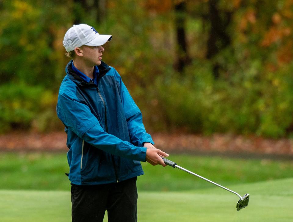 Hopedale's Colin Haynes hits on the 17th fairway during the Division 3 state golf championship at Sterling National.