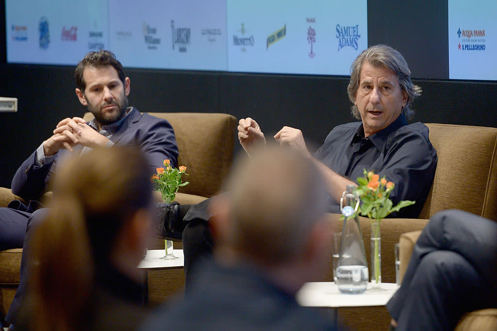 Resy's Ben Leventhal, left, and architect David Rockwell speak onstage at FOODi: The Future Of Food & Business on October 16, 2015 in New York City.<span class="copyright">(Photo by Gustavo Caballero/Getty Images for NYCWFF)</span>