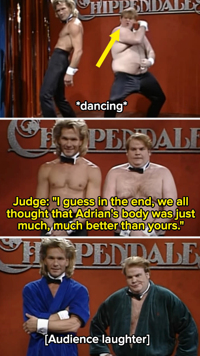 Patrick Swayze and Chris Farley dancing, with an audition judge saying they thought Swayze's character's "body was just much, much better than yours"