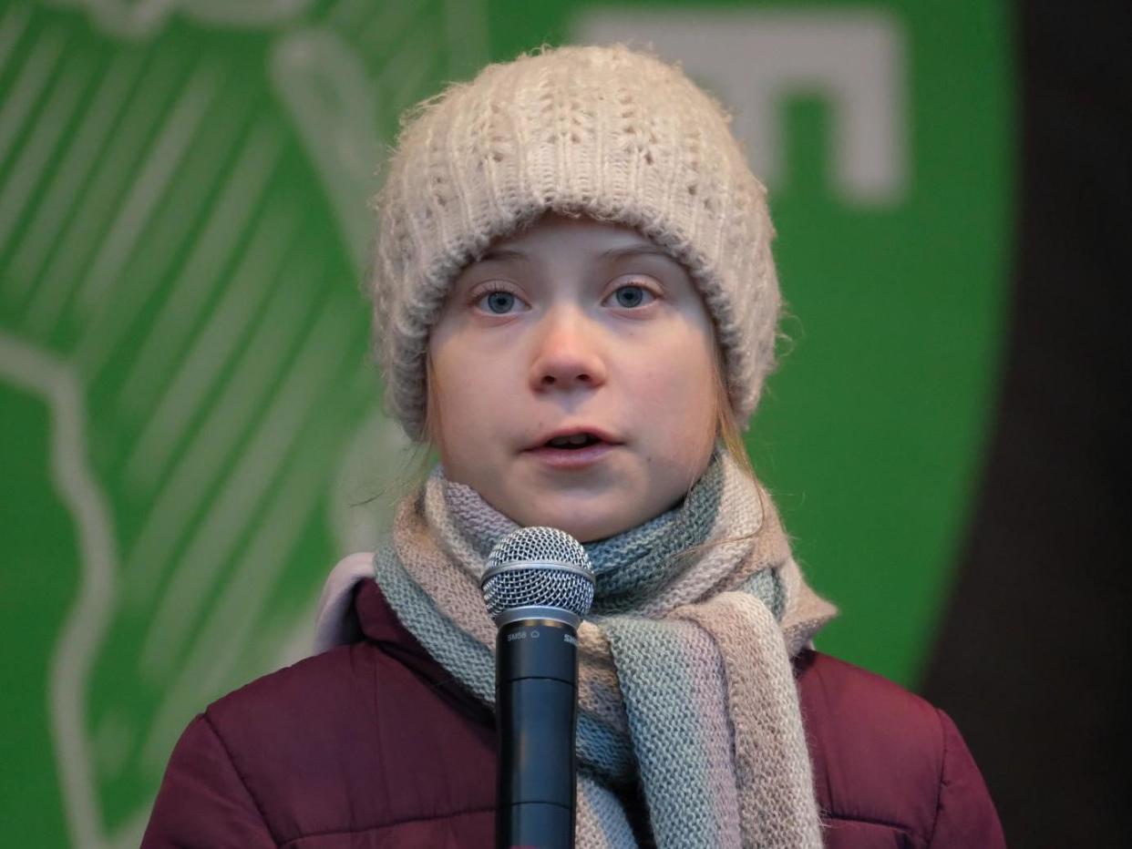 Teenage climate activist Greta Thunberg speaks at a Fridays for Future climate protest on 21 February 21 2020 in Hamburg Germany: Getty