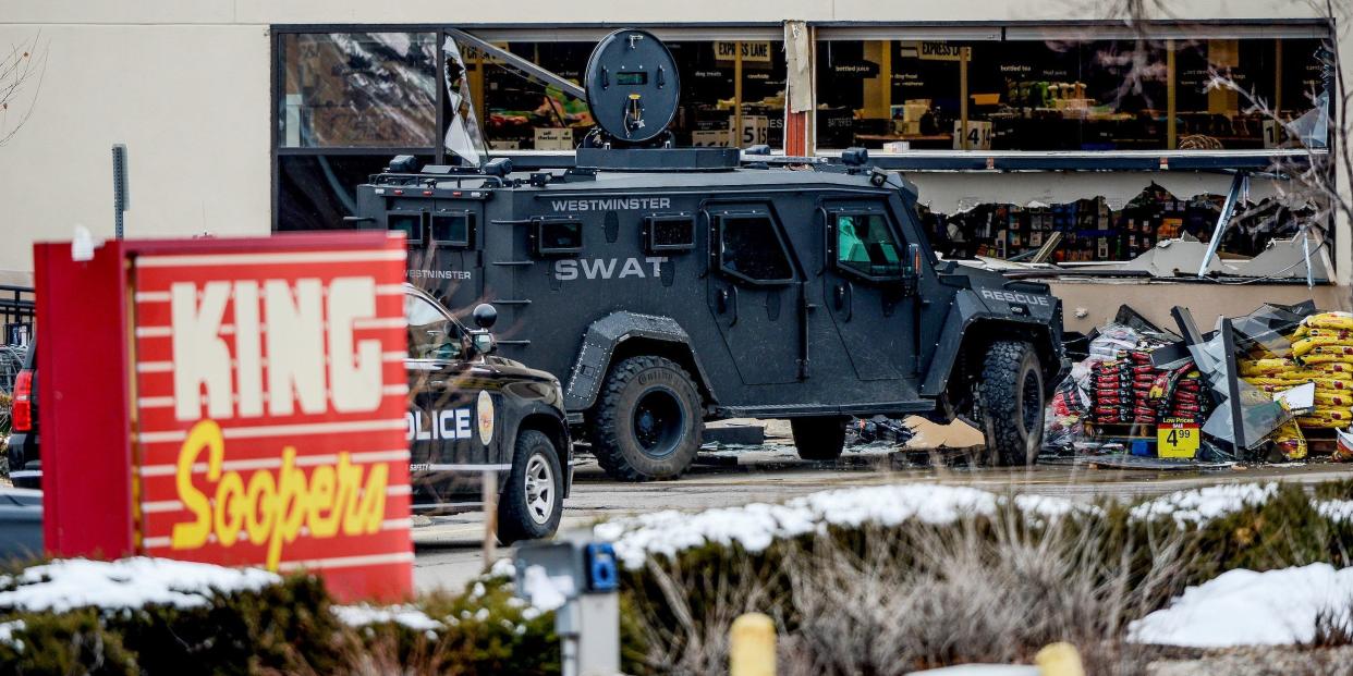 Emergency crews respond to a call of an active shooter at the King Soopers grocery store in Boulder,, Colorado, U.S. March 22. 2021.