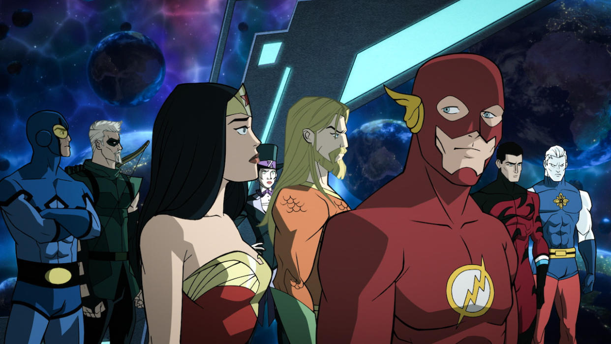  Flash, Wonder Woman and other superheroes in Justice League: Crisis on Infinite Earths - Part One. 