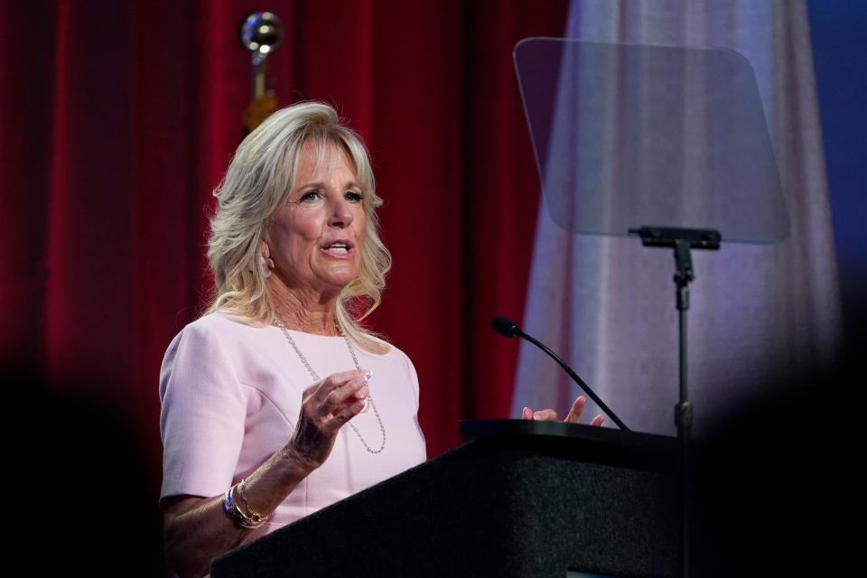 First lady Jill Biden speaks at the 125th Anniversary Convention of the National Parent Teacher Association in National Harbor, Md., June 17, 2022. In her first remarks since the school shooting massacre in Uvalde, Texas, she called on parents and teachers to urge Congress to pass "commonsense gun safety reform" pressed by the Biden administration.