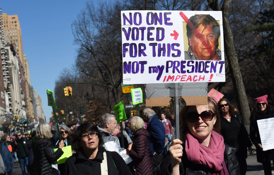 <p>Protesters march near Central Park West in New York City during a “Not My President’s Day” rally on Feb. 20, 2017, as part of a protest against President Trump. (Timothy A. Clary/AFP/Getty Images) </p>