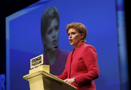 Party leader Nicola Sturgeon speaks at the Scottish National Party's conference in Aberdeen, Scotland, Britain March 18, 2017. REUTERS/Russell Cheyne
