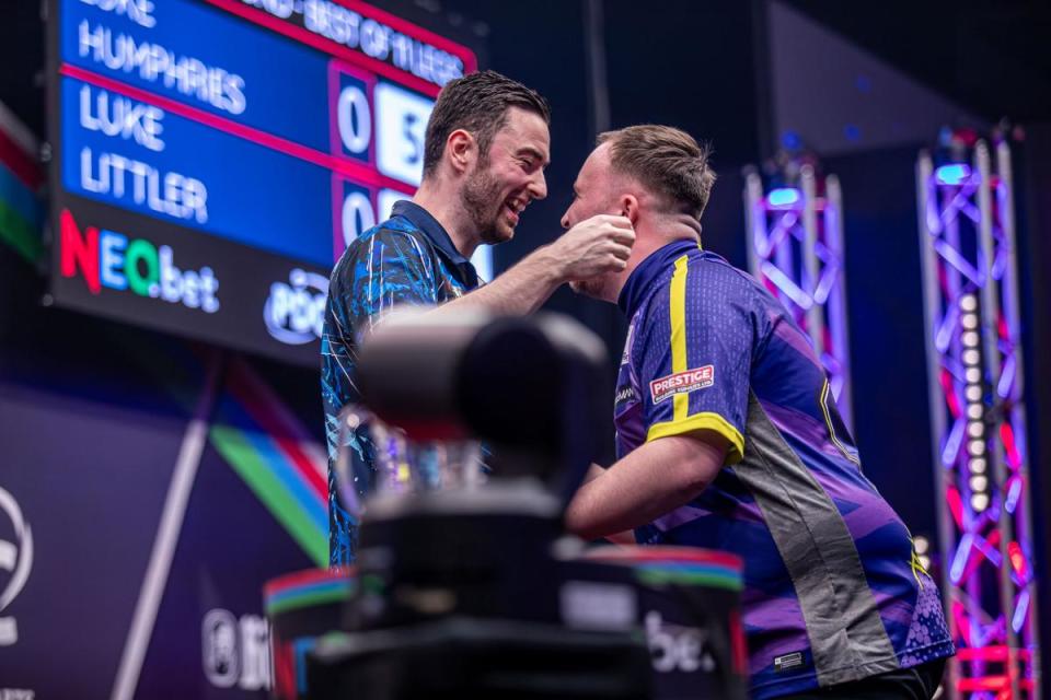 Luke Littler and Luke Humphries after the latter's win in the European Darts Grand Prix in Germany <i>(Image: Jonas Hunold/PDC Europe)</i>