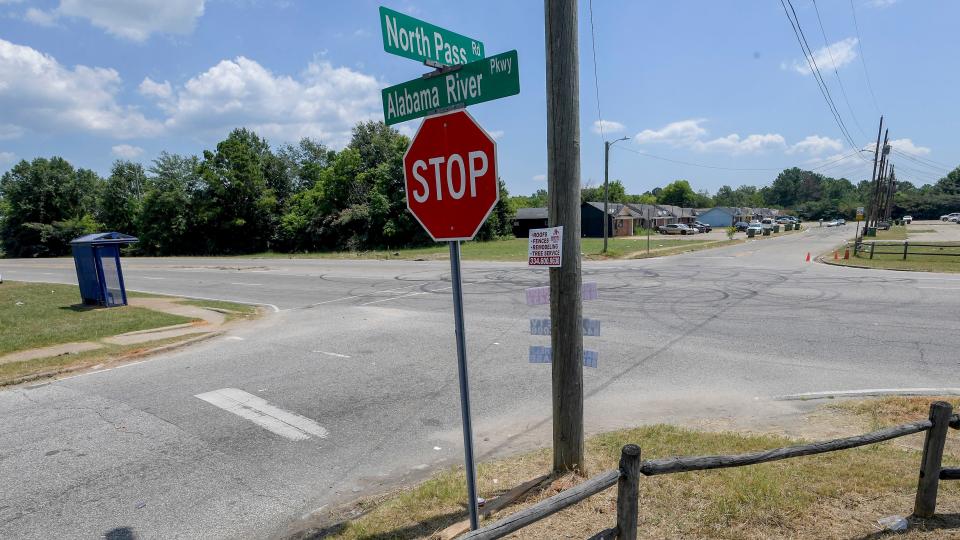 The intersection of North Pass Road and Alabama River Parkway in Montgomery was the scene of a mass shooting early Sunday morning.