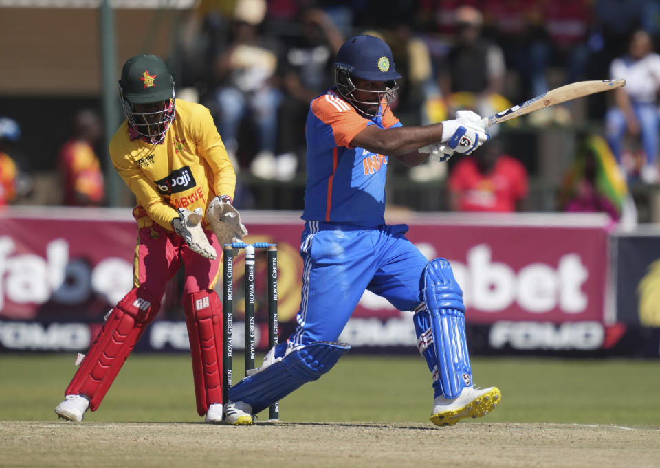 Indian batsman Sanju Samson in action during the T20 cricket match between Zimbabwe and India at the Harare Sports club, in Harare, Sunday, July 14, 2024. (AP Photo/Tsvangirayi Mukwazhi)