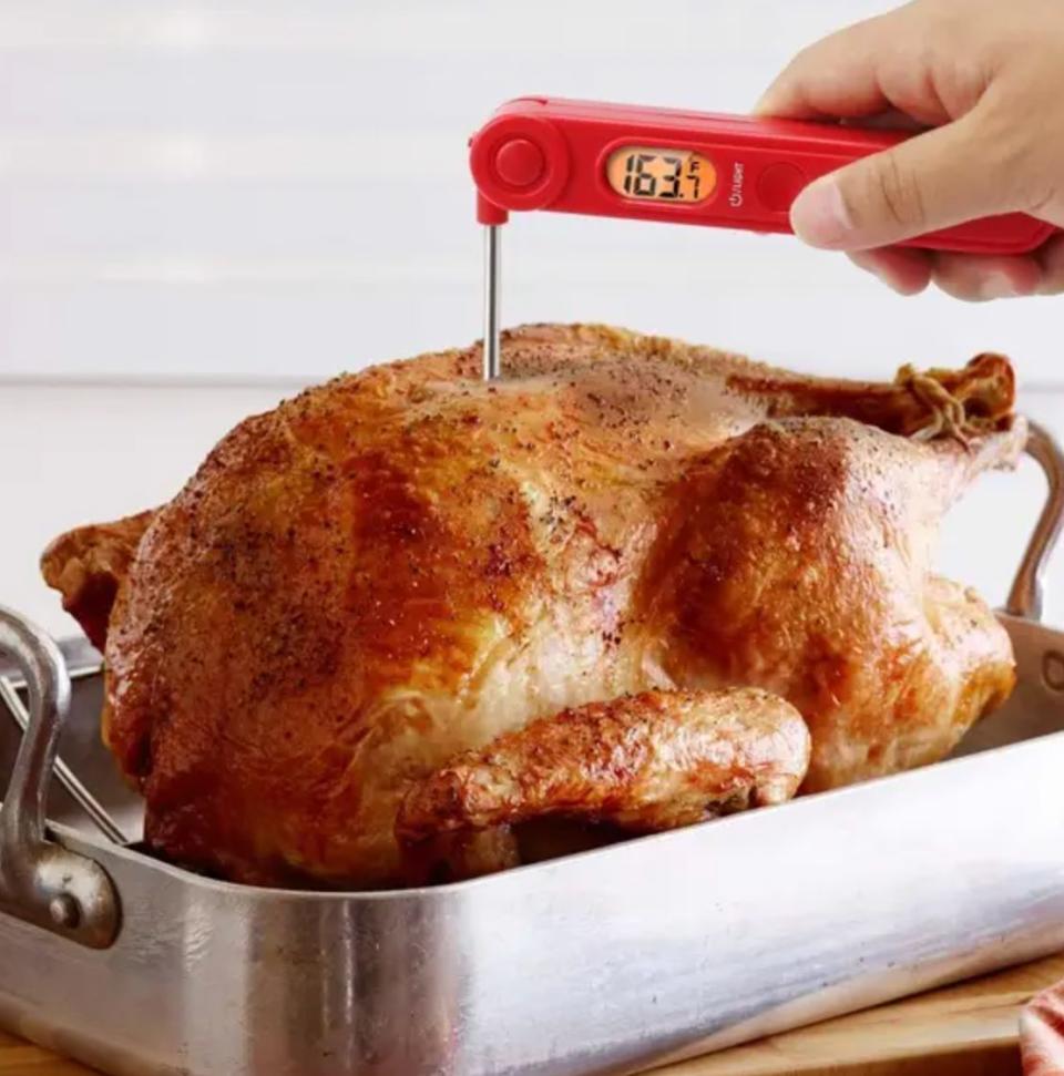 Don't be intimidated when cooking a turkey.<br /><br /><strong>Promising review:</strong> "This digital meat thermometer is the best I've ever had. I own others, but they are either too bulky to fit in the drawer or too hard to read. <strong>This one is small and lightweight; it's easy to pull out the probe and very easy to read the temperature.</strong> I purchased several as stocking stuffers for Christmas. They make a gift that will be appreciated for its size and ease of use, but most importantly, it will be a gift that gets used instead of put away in the closet." &mdash; <a href="https://amzn.to/32sCSRf" target="_blank" rel="nofollow noopener noreferrer" data-skimlinks-tracking="5878601" data-vars-affiliate="Amazon" data-vars-href="https://www.amazon.com/gp/customer-reviews/R11RW5BKGNCD29?tag=bfmal-20&amp;ascsubtag=5878601%2C24%2C32%2Cmobile_web%2C0%2C0%2C16416166" data-vars-keywords="cleaning,fast fashion" data-vars-link-id="16416166" data-vars-price="" data-vars-product-id="20987498" data-vars-product-img="" data-vars-product-title="" data-vars-retailers="Amazon">Kat29</a><br /><br /><strong>Get it from Amazon for <a href="https://amzn.to/2RHWj6L" target="_blank" rel="noopener noreferrer">$11.04</a>.</strong>