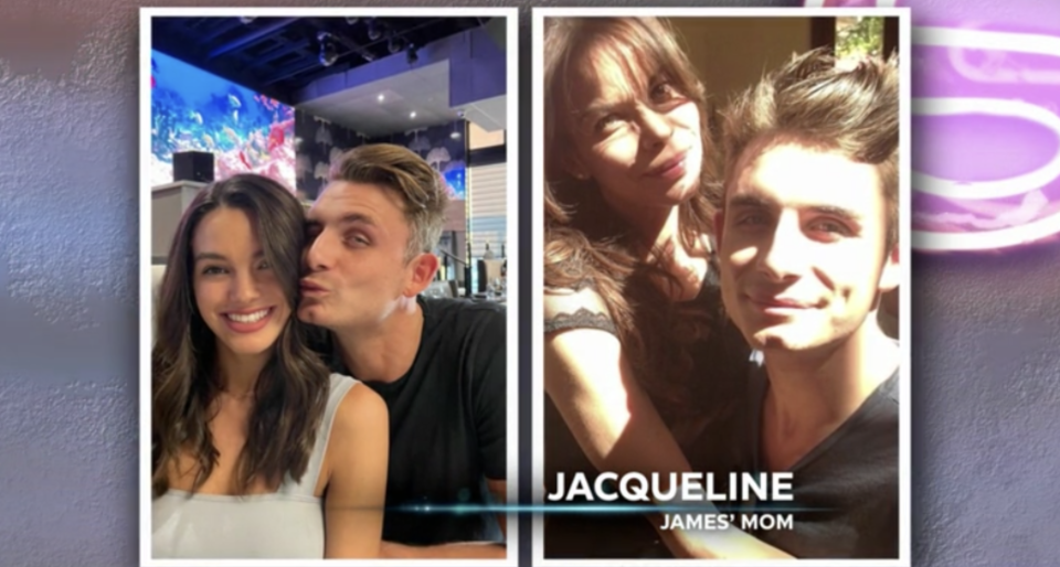 A side by side of James and Ally, smiling and posing, with James and his mom Jacqueline. They only look alike in that they're brunettes and skinny
