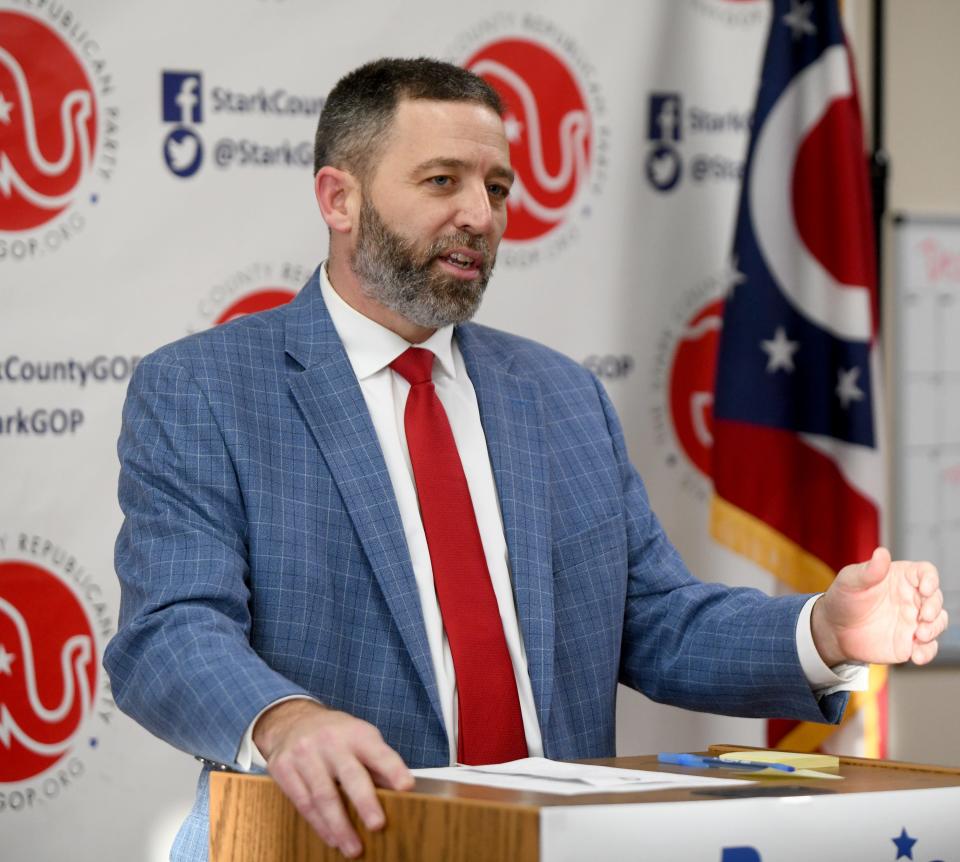 Republican State Rep. Reggie Stoltzfus of Paris Township announces his candidacy for Congress during an event kickoff at the Stark County Republican Party headquarters in Plain Township. He is seeking to succeed Bill Johnson in the 6th Congressional District.