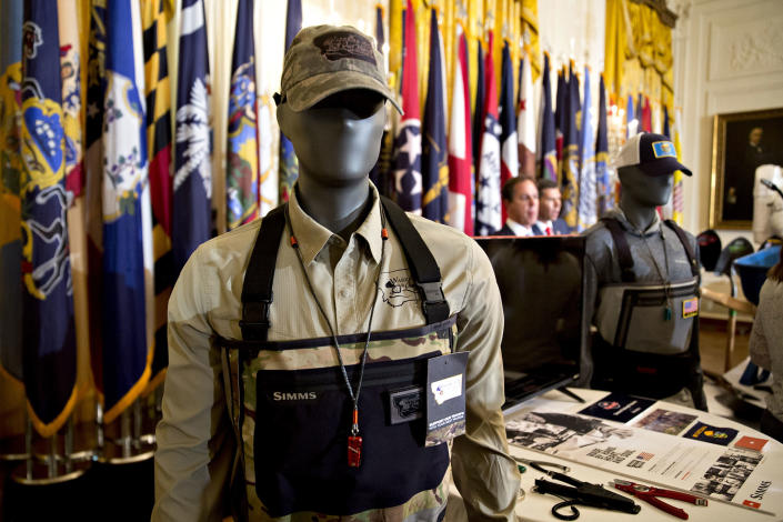 <p>Simms Fishing Products merchandise is on display in the East Room of the White House ahead of a “Made in America” event, with companies from 50 states featuring their products, in Washington, D.C., on July 17, 2017. (Andrew Harrer/Bloomberg via Getty Images) </p>