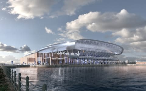 An image provided by Everton of the final designs for its new 52,000-seater stadium at Bramley-Moore Dock on Liverpool's waterfront - Credit: pa